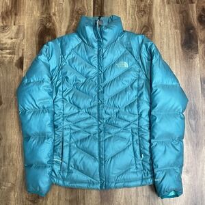 The North Face 550 Down Puffer Jacket Women's XS Blue Diamond Pattern Coat